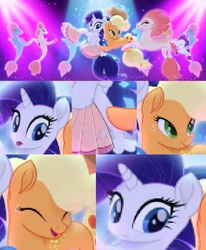 Size: 842x1020 | Tagged: safe, edit, edited screencap, screencap, applejack, haven bay, rarity, sea poppy, earth pony, seapony (g4), unicorn, g4, my little pony: the movie, applejack's hat, background sea pony, bubble, cowboy hat, crepuscular rays, cropped, dancing, dorsal fin, eyes closed, fan, female, fin, fin wings, fins, fish tail, flowing mane, flowing tail, happy, hat, horn, mare, ocean, one small thing, scales, seaponified, seapony applejack, seapony rarity, seaquestria, seashell, species swap, swimming, tail, underwater, water, wings, youtube link