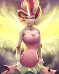 Size: 800x1000 | Tagged: safe, artist:vanillaghosties, sunset shimmer, human, g4, artificial wings, augmented, breasts, clothes, daydream shimmer, dress, female, fingerless gloves, gloves, humanized, magic, magic wings, solo, wings