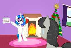 Size: 1800x1200 | Tagged: safe, artist:terton, dj pon-3, octavia melody, vinyl scratch, pony, g4, calendar, christmas, christmas stocking, fireplace, holiday, standing, sweatdrop