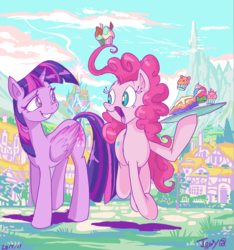 Size: 779x832 | Tagged: safe, artist:jowyb, pinkie pie, twilight sparkle, alicorn, earth pony, pony, g4, cupcake, dessert, duo, food, hoof hold, open mouth, pie, ponyville, prehensile mane, smiling, tray, twilight sparkle (alicorn)