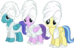 Size: 6823x4462 | Tagged: safe, artist:ironm17, clear skies, open skies, sunshower, pegasus, pony, g4, absurd resolution, background pony, bathrobe, clothes, female, male, mare, simple background, slippers, stallion, towel, transparent background, trio, weather control pegasi