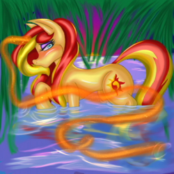 Size: 1460x1460 | Tagged: safe, artist:acespade777, sunset shimmer, pony, unicorn, g4, bedroom eyes, cute, digital art, female, magic, not fiery shimmer, pretty, solo, wading, water, wrong magic color
