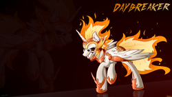 Size: 2560x1440 | Tagged: safe, artist:sentireaeris, daybreaker, alicorn, pony, a royal problem, g4, fangs, female, gritted teeth, helmet, mare, raised hoof, solo, wallpaper