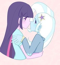 Size: 1108x1196 | Tagged: safe, artist:yuck, trixie, twilight sparkle, human, equestria girls, g4, about to kiss, blushing, bust, clothes, colored pupils, duo, female, holding, hug, lesbian, looking at each other, pink background, ship:twixie, shipping, simple background, sweet