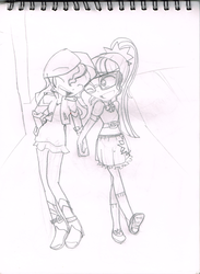 Size: 1785x2441 | Tagged: safe, artist:eveart13, sci-twi, sunset shimmer, twilight sparkle, equestria girls, g4, eyes closed, female, holding hands, laughing, lesbian, one eye closed, ship:sci-twishimmer, ship:sunsetsparkle, shipping, sketch, traditional art
