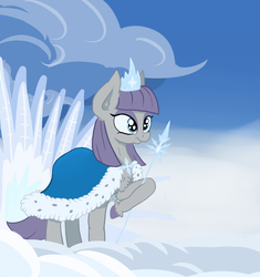 Size: 1756x1869 | Tagged: safe, artist:paskanaakka, derpibooru exclusive, maud pie, earth pony, pony, antarctica, chest fluff, cloak, clothes, cloud, crown, ear fluff, female, ice, ice queen, jewelry, namesake, pun, queen, queen maud land, raised hoof, regalia, scepter, smiling, snow, solo, unshorn fetlocks, when she smiles