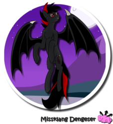 Size: 1000x1102 | Tagged: safe, artist:missklang, oc, oc only, bat pony, pony, bat wings, edgy, flying, looking up, night, red and black oc, red eyes, signature, smiling, solo, sticker, wing claws