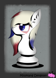 Size: 800x1115 | Tagged: safe, artist:missklang, oc, oc only, oc:persona, pony, chess, chess piece, knight, knight pony chess, mouthless, profile, signature, solo, white coat, white knight