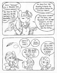 Size: 849x1100 | Tagged: safe, artist:circe, applejack, fluttershy, rainbow dash, twilight sparkle, anthro, comic:soreloser, g4, belly button, black and white, comic, grayscale, midriff, monochrome, traditional art