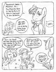 Size: 849x1100 | Tagged: safe, artist:circe, fluttershy, pinkie pie, rainbow dash, twilight sparkle, alicorn, anthro, comic:soreloser, g4, belly button, black and white, butt touch, comic, grayscale, hand on butt, midriff, monochrome, traditional art, twilight sparkle (alicorn)