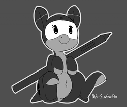 Size: 1280x1081 | Tagged: safe, artist:pabbley, object pony, original species, pony, 30 minute art challenge, belly button, cute, grayscale, microsoft, monochrome, ponified, pubic mound, simple background, sitting, solo, stylus, surface, surface pro