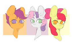 Size: 2000x1300 | Tagged: safe, artist:calcifei, apple bloom, scootaloo, sweetie belle, earth pony, pegasus, pony, unicorn, g4, bust, cutie mark crusaders, female, filly, no pupils, portrait, simple background, white background