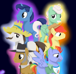 Size: 1500x1450 | Tagged: safe, artist:liniitadash23, bow hothoof, bright mac, gentle breeze, hondo flanks, igneous rock pie, night light, pegasus, pony, unicorn, g4, the perfect pear, bowtie, clothes, dad six, facial hair, father, hat, horn, male, missing cutie mark, moustache, shirt, smiling, stallion