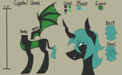 Size: 2576x1600 | Tagged: safe, artist:moonakart13, artist:moonaknight13, oc, oc only, oc:crystal queen, changeling, bat wings, changeling oc, color palette, fangs, green changeling, holes, reference sheet, solo, spread wings, text, wings