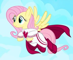 Size: 1000x823 | Tagged: safe, artist:pixelkitties, fluttershy, pegasus, pony, g4, boots, canada, canada day, canadian, cape, clothes, costume, female, flying, mare, shoes, solo, superhero