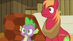 Size: 1600x900 | Tagged: safe, screencap, big macintosh, spike, dragon, pony, dungeons and discords, g4, confused, couch, discovery family logo, expressions, horse collar, male, stairs, stallion