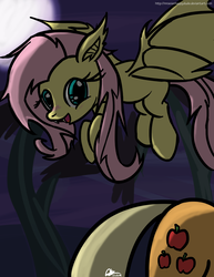 Size: 2550x3300 | Tagged: safe, artist:mrasianhappydude, applejack, fluttershy, bat pony, pony, bats!, g4, blushing, eyes on the prize, female, flutterbat, lesbian, looking at butt, moon, night, race swap, ship:appleshy, shipping