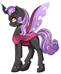 Size: 1357x1657 | Tagged: safe, artist:sketchyhowl, oc, oc only, oc:heart's desire, changeling, changepony, hybrid, changeling oc, commission, digital art, male, offspring, parent:princess cadance, parent:queen chrysalis, parents:cadalis, pink changeling, simple background, smiling, smirk, solo, transparent background