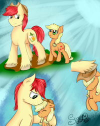 Size: 3200x4000 | Tagged: safe, artist:shamy-crist, applejack, bright mac, pony, g4, the perfect pear, applejack's hat, cheek fluff, comic, cowboy hat, cute, father and daughter, female, filly, filly applejack, hat, high res, male, origins, younger
