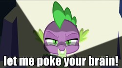Size: 800x450 | Tagged: safe, edit, edited screencap, screencap, spike, dragon, dungeons and discords, g4, discovery family logo, ed edd n eddy, flashlight (object), honor thy ed, image macro, making faces with a flashlight, male, meme, sinister, smiling, solo, throne, throne room, twilight's castle