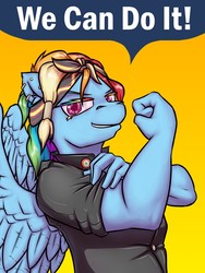 Size: 960x1280 | Tagged: safe, artist:krd, rainbow dash, oc, oc:krd, anthro, g4, colored eyebrows, colored eyelashes, ear piercing, earring, female, flexing, hairband, jewelry, latex, muscles, piercing, pride, rainbow lashes, rosie the riveter, rubber, solo