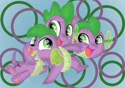 Size: 1024x724 | Tagged: safe, artist:emositecc, spike, spike the regular dog, dog, dragon, puffer fish, equestria girls, g4, my little pony: the movie, abstract background, doggy dragondox, happy, male, multeity, paw pads, pit of spikes, self ponidox, solo, species swap, spike the dog, spike the pufferfish, tongue out, trio