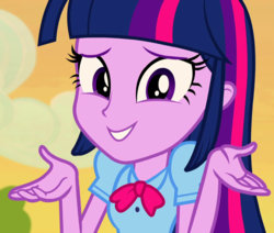 Size: 850x720 | Tagged: safe, screencap, twilight sparkle, equestria girls, g4, my little pony equestria girls: rainbow rocks, awkward smile, blouse, bowtie, bust, clothes, cropped, female, hair, puffy sleeves, shrug, smiling, solo, teenager