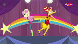 Size: 1280x720 | Tagged: safe, screencap, fluttershy, sunset shimmer, human, equestria girls, equestria girls specials, g4, my little pony equestria girls: dance magic, clothes, female, flamenco dress, street ballet tutu, sunset shimmer flamenco dress, teletoon, tutu