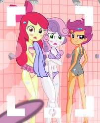 Size: 2400x2959 | Tagged: source needed, useless source url, safe, artist:succubi samus, apple bloom, scootaloo, sweetie belle, equestria girls, g4, adorabloom, adorasexy, ass, attached skirt, bicolor swimsuit, bikini, blushing, breasts, butt, camera, camera shot, caught, clothes, commission, covering, cute, cutealoo, cutie mark crusaders, delicious flat chest, diasweetes, embarrassed, embarrassed underwear exposure, explicit source, female, frilled swimsuit, gray swimsuit, high res, implied spike, lidded eyes, one-piece swimsuit, open mouth, partial nudity, pink swimsuit, polka dot swimsuit, purple swimsuit, scootaflat, sexy, show accurate, shower, showers, smiling, smirk, steam, surprised, swimsuit, trio, varying degrees of want, voyeur, voyeurism
