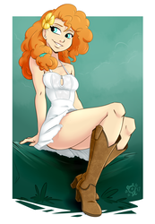 Size: 1800x2600 | Tagged: safe, artist:ponut_joe, pear butter, human, the perfect pear, 2017, adorasexy, ass, boots, butt, clothes, cowboy boots, cute, dress, female, flower, flower in hair, freckles, full body, grin, high heel boots, humanized, leg focus, legs, milf, pearabetes, schrödinger's pantsu, sexy, shoes, sitting, smiling, solo, thighs, underass
