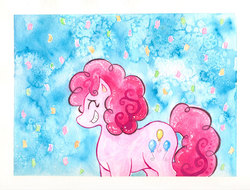 Size: 998x760 | Tagged: safe, artist:kaikaku, pinkie pie, earth pony, pony, g4, confetti, eyes closed, female, grin, profile, smiling, solo, traditional art, watercolor painting