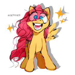 Size: 1000x1000 | Tagged: safe, artist:aeromiko, fluttershy, pony, g4, eye clipping through hair, female, looking at you, no pupils, one wing out, open mouth, simple background, smiling, solo, standing, stars, transparent background