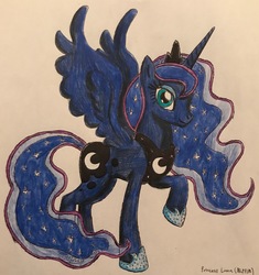 Size: 2640x2811 | Tagged: safe, artist:bozzerkazooers, princess luna, alicorn, pony, g4, female, high res, jewelry, looking at you, raised hoof, regalia, solo, traditional art