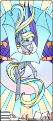 Size: 1325x3027 | Tagged: safe, artist:alphaaquilae, oc, oc only, oc:booker, bat pony, pony, book, solo, stained glass