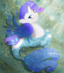 Size: 1400x1600 | Tagged: safe, artist:fromamida, rarity, seapony (g4), starfish, unicorn, g4, my little pony: the movie, beach, beautiful, blue mane, blue tail, blushing, colored pupils, crepuscular rays, cute, digital art, dorsal fin, eyeshadow, female, fin, fish tail, flowing mane, flowing tail, horn, looking at you, looking up, makeup, mare, ocean, partially submerged, seaponified, seapony rarity, seashell, signature, smiling, smiling at you, solo, sparkles, species swap, sunlight, swimming, tail, water, wet