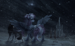 Size: 1789x1100 | Tagged: safe, artist:koviry, oc, oc only, oc:wind whistler, dog, husky, pegasus, pony, fanfic:angujaktuat, blizzard, bow, castle, commission, crystal empire, duo, fanfic, fanfic art, fanfic cover, female, hoofprints, looking at something, looking away, looking back, mare, raised hoof, scenery, snow, snowfall, spread wings, tail bow, wings