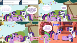 Size: 2564x1444 | Tagged: safe, artist:hakunohamikage, rarity, spike, twilight sparkle, alicorn, dragon, pony, ask-princesssparkle, g4, ask, askpinytwilight, dragon mail, fetal position, fire, fire breath, magic, no tail, panic, tumblr, twilight sparkle (alicorn)