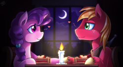 Size: 2000x1091 | Tagged: safe, artist:vavacung, big macintosh, sugar belle, earth pony, pony, unicorn, g4, candle, date, female, food, heart, looking at each other, male, mare, night, pie, ship:sugarmac, shipping, smiling, stallion, straight