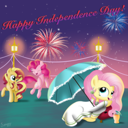 Size: 2500x2500 | Tagged: safe, artist:songbirdserenade, fluttershy, pinkie pie, sunset shimmer, pony, unicorn, g4, 4th of july, american independence day, clothes, dress, fireworks, happy, high res, holiday, independence day, pillow, prone, united states