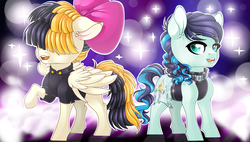 Size: 3810x2160 | Tagged: safe, artist:schokocream, coloratura, songbird serenade, earth pony, pegasus, pony, g4, my little pony: the movie, clothes, duo, duo female, female, hair over eyes, high res, lena hall, mare, musician, open mouth, raised hoof, rara, sia (singer), singing, vocalist