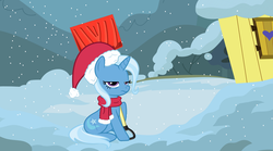 Size: 2670x1487 | Tagged: safe, artist:neutronalchemist, trixie, pony, unicorn, g4, christmas, clothes, hat, holiday, santa hat, scarf, shovel, snow, snow shovel, trixie's wagon, unamused