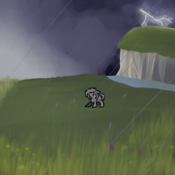 Size: 2500x2500 | Tagged: safe, artist:neuro, oc, oc only, pony, alone, floppy ears, high res, lightning, rain, scared, solo