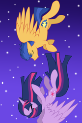 Size: 3000x4500 | Tagged: safe, artist:rulette, flash sentry, twilight sparkle, alicorn, pony, g4, couple, falling, female, high res, love, male, mare, ship:flashlight, shipping, straight, twilight sparkle (alicorn)