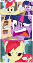 Size: 3300x6231 | Tagged: safe, artist:perfectblue97, apple bloom, twilight sparkle, earth pony, pony, unicorn, comic:without magic, g4, absurd resolution, blank flank, book, bookshelf, comic, earth pony twilight, golden oaks library, royal guard