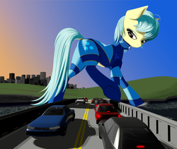 Size: 3016x2550 | Tagged: safe, artist:styroponyworks, oc, oc only, oc:ultramare, earth pony, pony, 3d, automobile, belly button, blender, bodysuit, bridge, building, car, city, clothes, dock, earth pony oc, female, giant pony, high res, looking back, macro, mare, mixed media, raised leg, solo, tail, tail hole, underhoof, vehicle, water