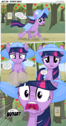 Size: 3300x6231 | Tagged: safe, artist:perfectblue97, button mash, sunny daze, twilight sparkle, earth pony, pony, comic:without magic, g4, absurd resolution, apple, apple tree, blank flank, clothes, comic, earth pony twilight, food, poster, slendermane, sweet apple acres, tree