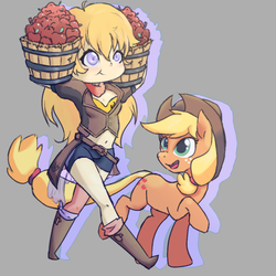 Size: 500x500 | Tagged: safe, artist:xmemorized, applejack, earth pony, human, pony, g4, apple, belly button, crossover, cute, duo, food, jackabetes, midriff, rwby, yang xiao long