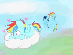 Size: 2048x1536 | Tagged: safe, artist:periwinkietwinkie, rainbow dash, oc, oc:azura, oc:cyclone blitz, pony, g4, cloud, colt, heart, male, offspring, parent:rainbow dash, parent:soarin', parents:soarindash, prone