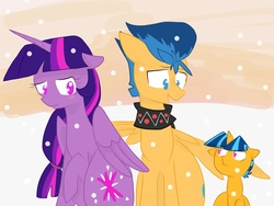 Size: 2048x1536 | Tagged: safe, artist:periwinkietwinkie, flash sentry, twilight sparkle, oc, oc:solar flare, pony, g4, clothes, female, male, offspring, parent:flash sentry, parent:twilight sparkle, parents:flashlight, scarf, ship:flashlight, shipping, straight, winter