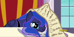 Size: 1416x700 | Tagged: safe, screencap, princess luna, alicorn, pony, a royal problem, g4, checklist, cute, discovery family logo, female, lunabetes, mare, newspaper, paper, parchment, sadorable, solo, tired, working
